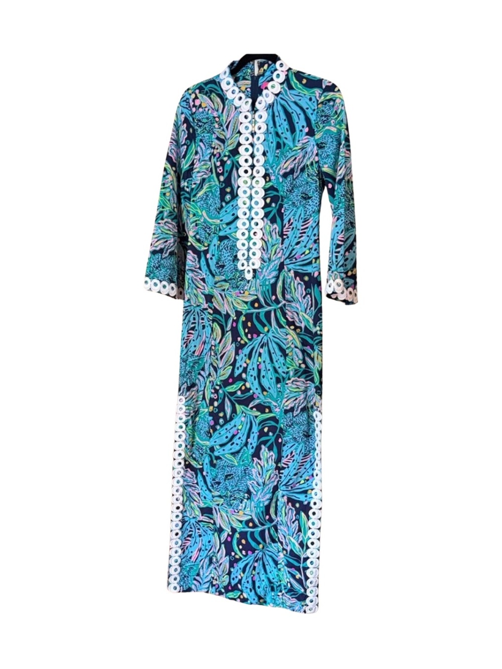 Lilly Pulitzer Blue & Teal Floral Maxi Tunic Dress with White Eyelet Trim